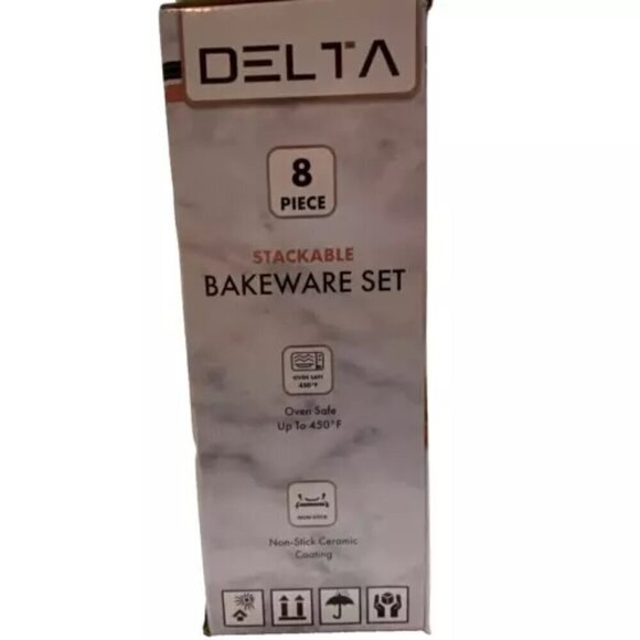 Delta 8 Piece Nonstick Stackable Bakeware Set Matte Black Rose Gold Trim NIB - Picture 4 of 13